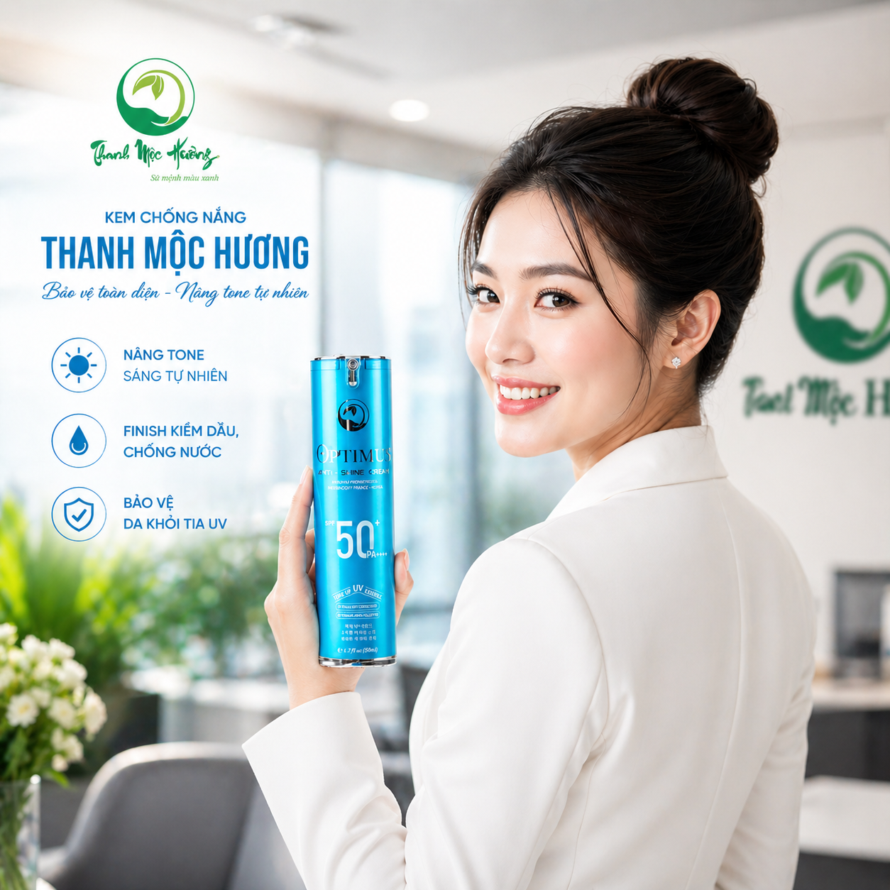Kem Chống Nắng Thanh Mộc Hương Optimus Anti Shine Chống Trôi Nâng Tone Bảo Vệ Da SPF50+ PA++++ 50ml