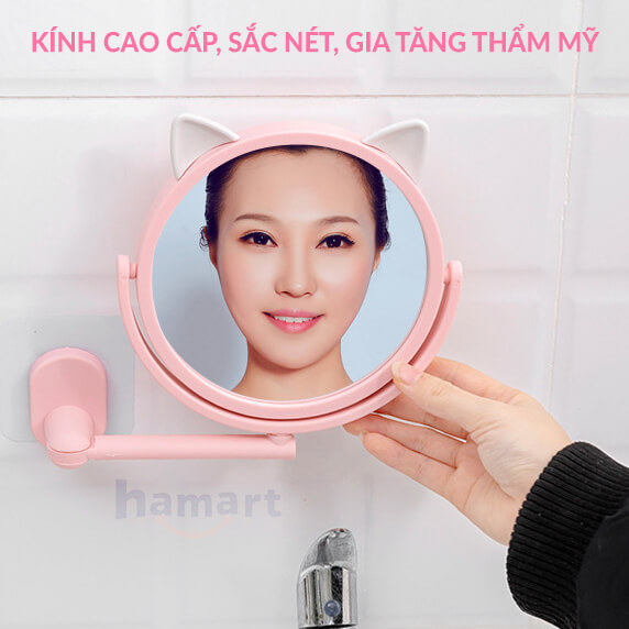 Gương Trang Điểm Treo Tường Tai Mèo Hamart Gương Tròn Mini Dán Tường Nhà Tắm Xoay 360°