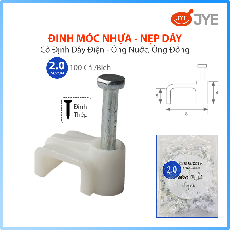 Đinh Móc Nhựa JYE (NC-2-I) 100 Cái/Bịch, Nẹp Đinh Cố Định Dây Điện, Đinh Ghim Dây Điện Trên Tường, Đinh Bằng Thép Chắc Chắn, Nhiều Kích Thước Lựa Chọn