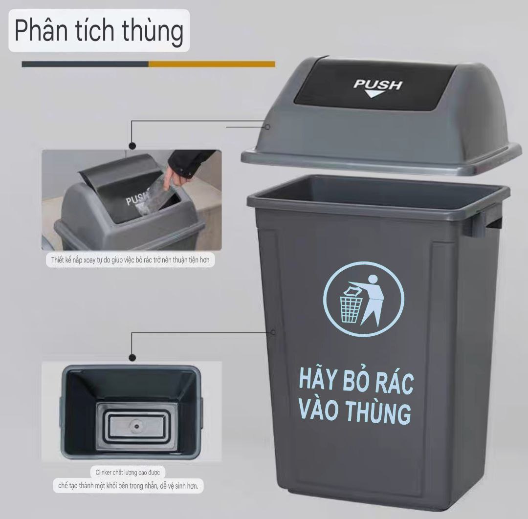 Thùng Rác nắp lật 60L nhựa HDPE cao cấp – Thùng rác lật công nghiệp 60L bền bỉ, chịu lực tốt, chống va đập và ăn mòn hóa chất