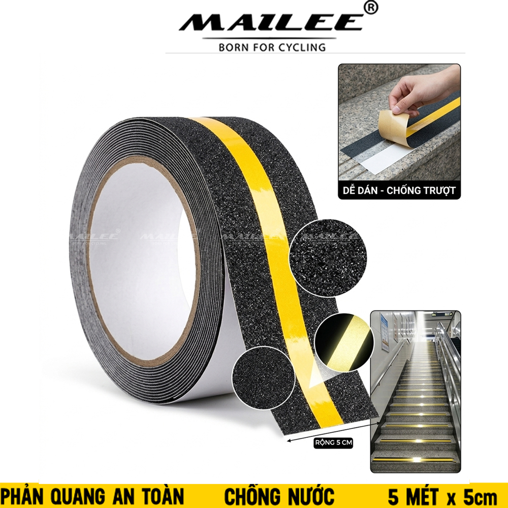 Băng keo chống trượt vân nhám đá phản quang 5m x 5cm cao cấp PQ-505V, dán cầu thang, chống trơn trượt hiệu quả dành cho văn phòng, nhà xưởng, chân bậc cầu thang - Mai Lee