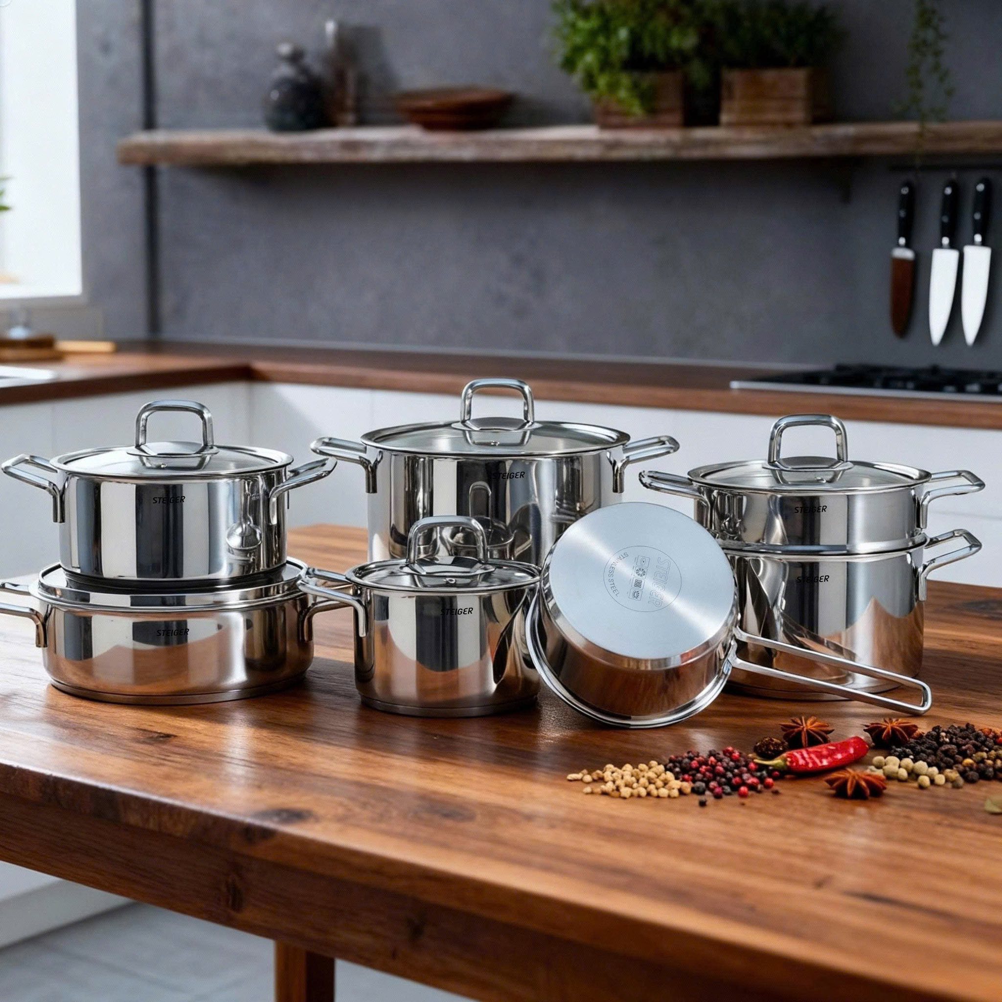 Bộ Nồi Steiger Element - Set 5 Món Đáy Liền Hàng chính hãng