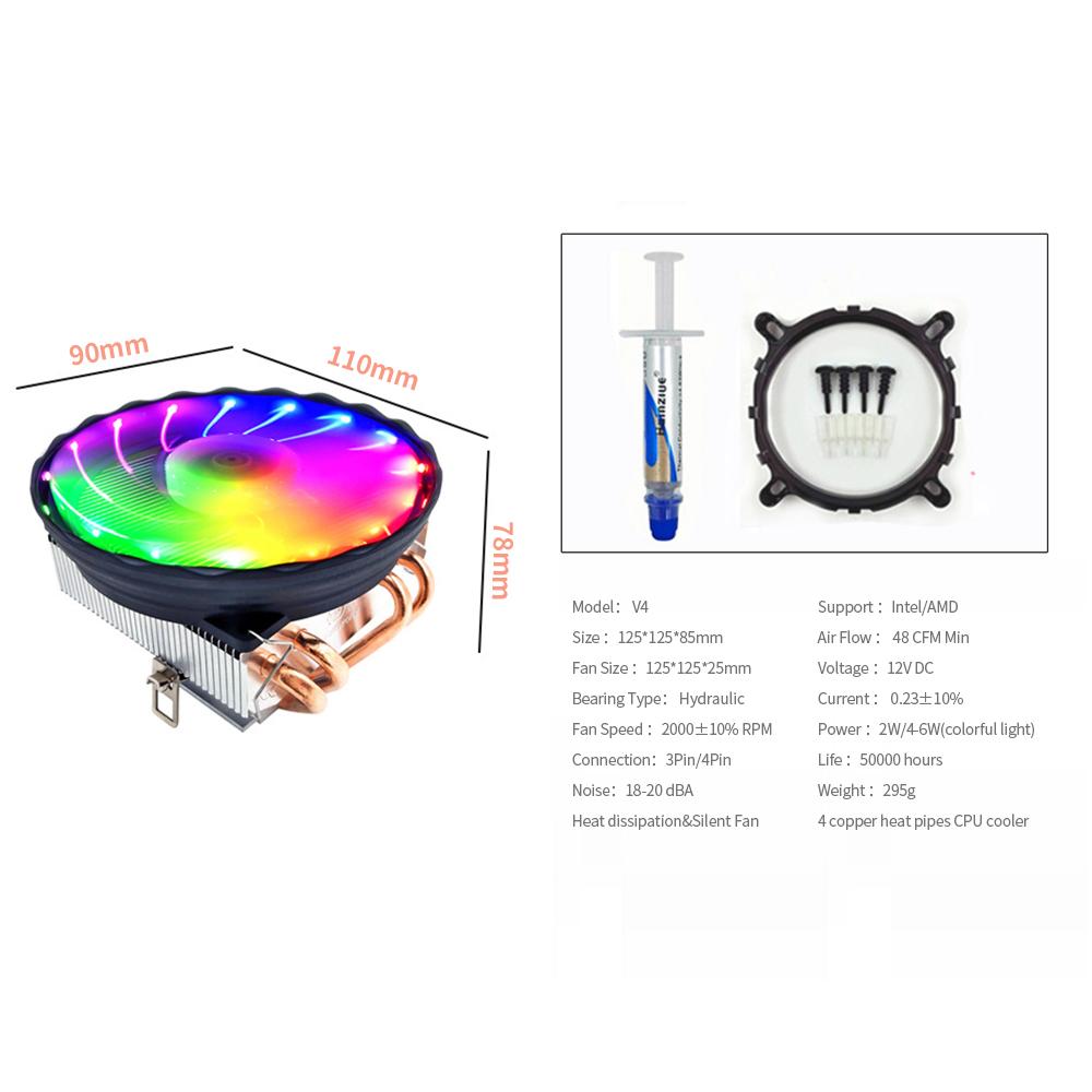 V4 CPU Cooler 4 Copper Heat Pipes 3Pin Colorful Quiet Cooling Fan Replacement for Intel LGA 775/1150/1155/1156/1151/1366