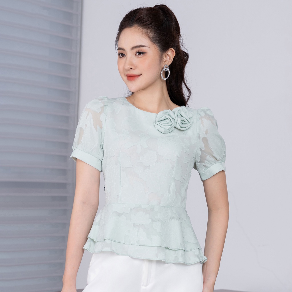 Áo Sơ Mi Nữ UK Fashion Dáng Peplum Cổ Tròn Che Bụng, Thiết Kế Đính Hoa, Chất Liệu Nhập Hàn Cao Cấp NKSM2205007