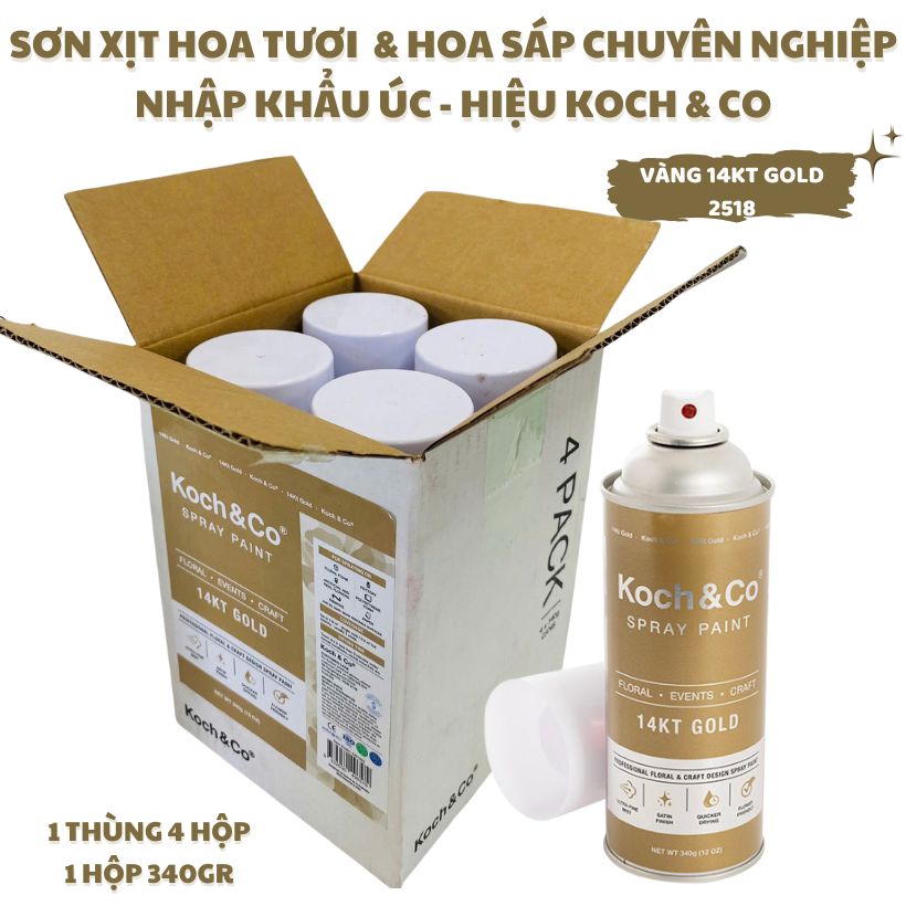 Sơn Xịt Hoa Tươi Màu Vàng Gold 14KT (Vàng của 9999) của Úc hiệu Koch &amp; Co giúp nhuộm phung sớnaÁnh Vàng sang trọng và vòi phun siêu mịn, khô nhanh, mùi thơm dịu nhẹ