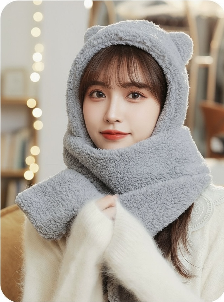Mũ khăn quàng cổ mũ lông gấu có găng tay thời trang siêu dễ thương giữ ấm dành cho nữ
