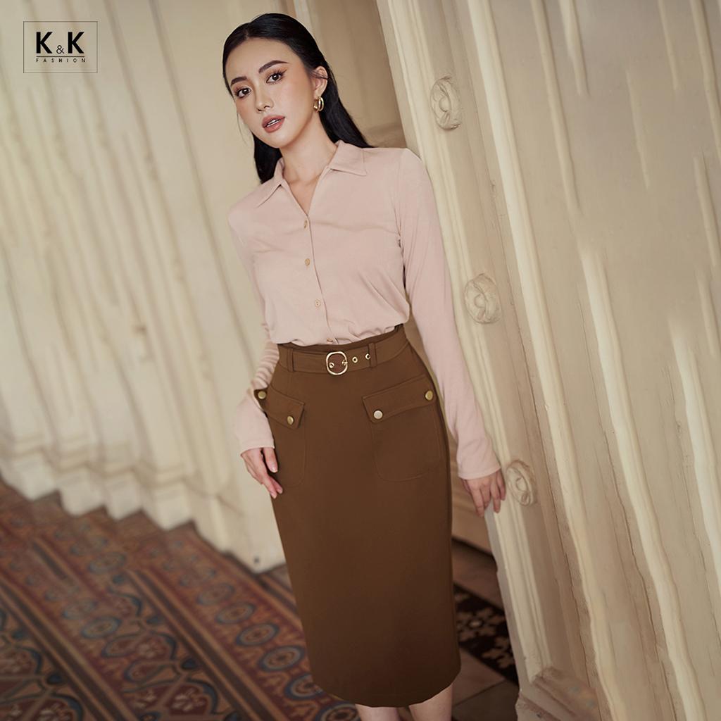 Chân Váy Bút Chì Phối Thắt Lưng  K&amp;K Fashion CV05-22 Chất Liệu Carolan Cao Cấp