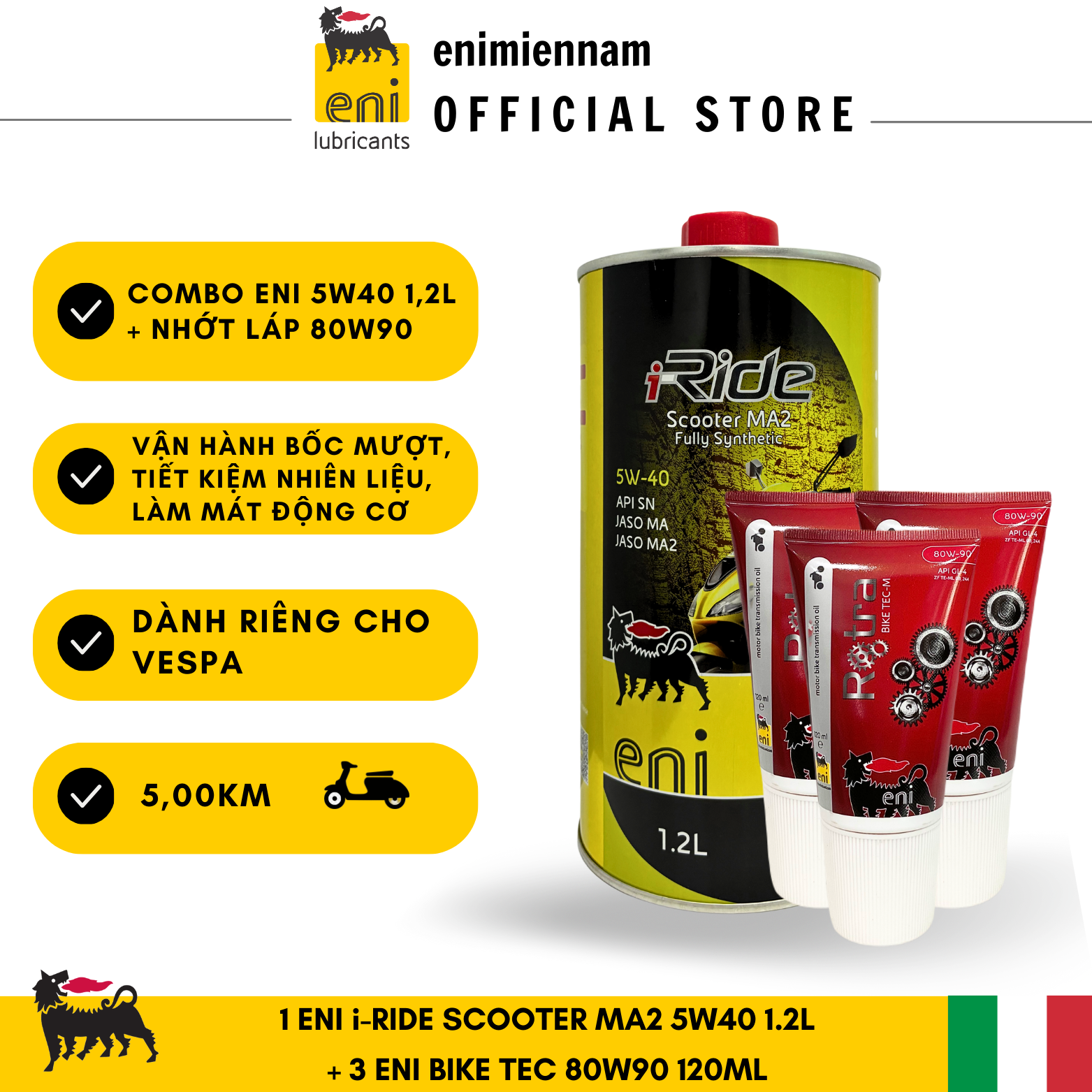 (HCM) Combo Eni Scooter MA2 5W40 1.2L +3 Nhớt Lap Eni Bike Tec 80W90 120ml