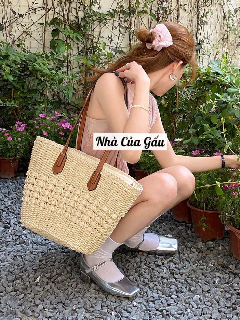 Túi cói đeo vai dây da dày dặn cao cấp