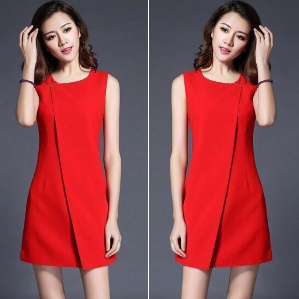 Đầm Dáng Suông Phối Tà Trước Màu Đỏ - Size M