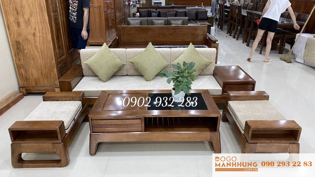 Bộ bàn ghế phòng khách sofa gỗ sồi 4 món nhỏ xinh G10