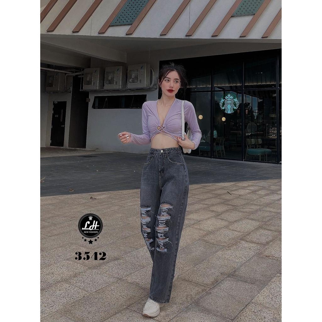 Quần jean nữ ống rộng, quần bò màu xám rách tả tơi siêu cá tính Lê Huy Fashion MS 3542