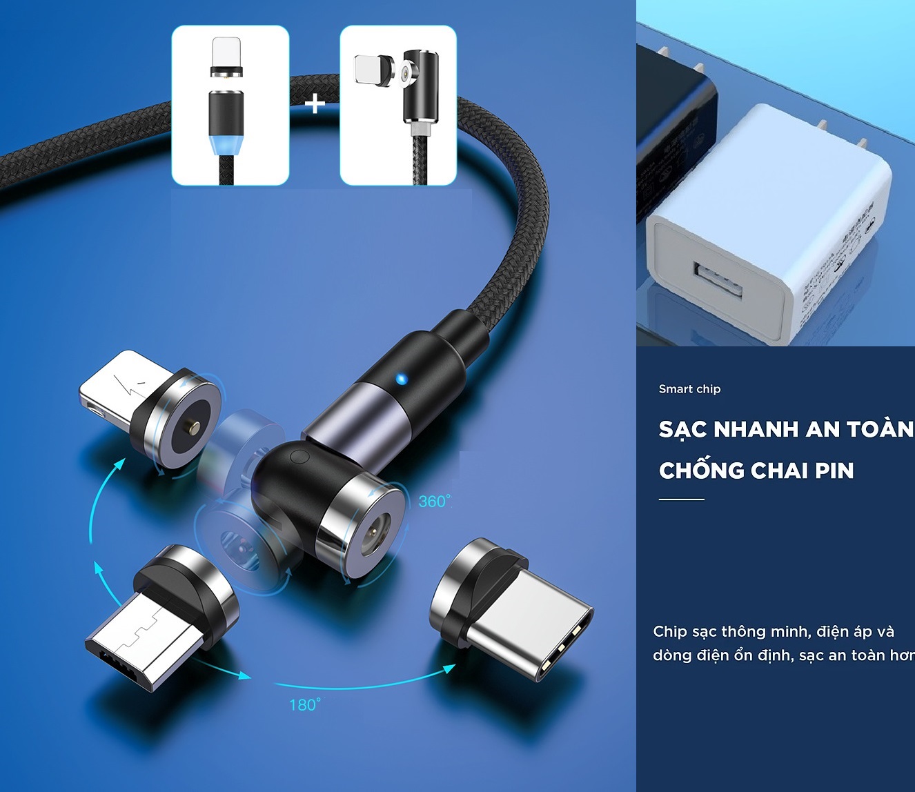 Bộ Cục sạc và Dây Cáp Sạc 3 trong 1 đầu sạc nam châm rời cho Iphone/Android/Type C Chuẩn MFi PowerLine Dài 2 mét Viniel IP14C - Hàng Chính Hãng