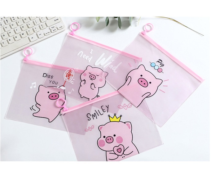 Combo 2 túi đựng bút khóa zip heo hồng pink pig