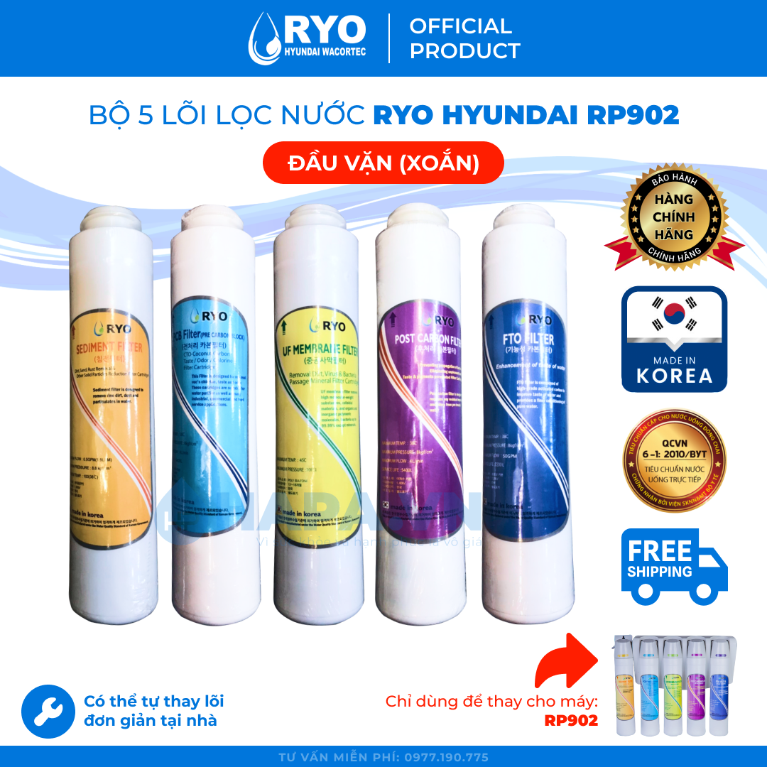 Lõi Lọc RYO RP902 Đầu Dạng Xoắn/Vặn - Bộ Lõi RYO Hyundai Wacortec Nhập Khẩu Hàn Quốc, Hàng Chính Hãng - Sediment PCB Pre-carbon Post-carbon FTO UF Membrane