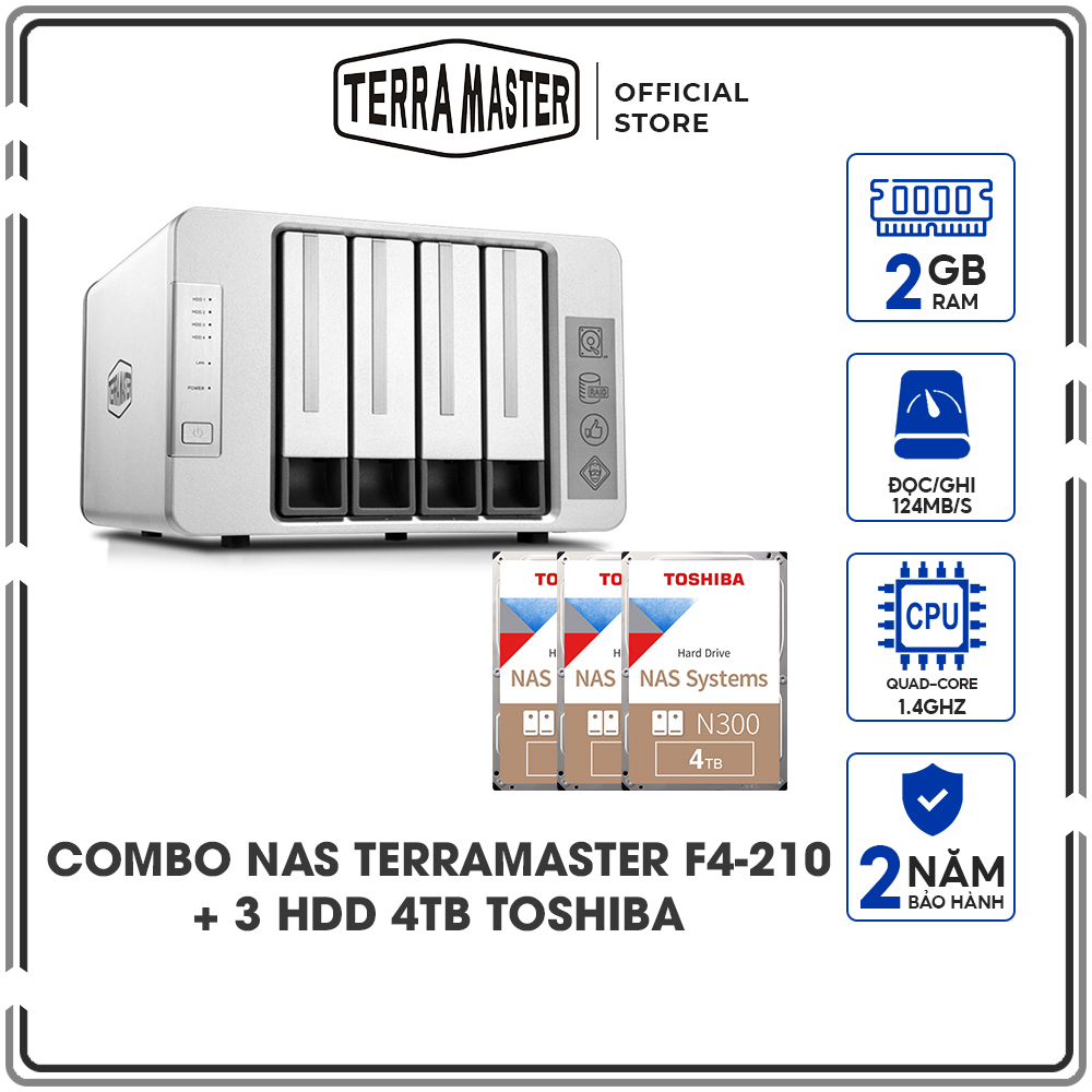 Combo Ổ cứng mạng NAS Terra Master F4-210 + 2 Ổ cứng iHDD Toshiba N300 4TB - Hàng chính hãng