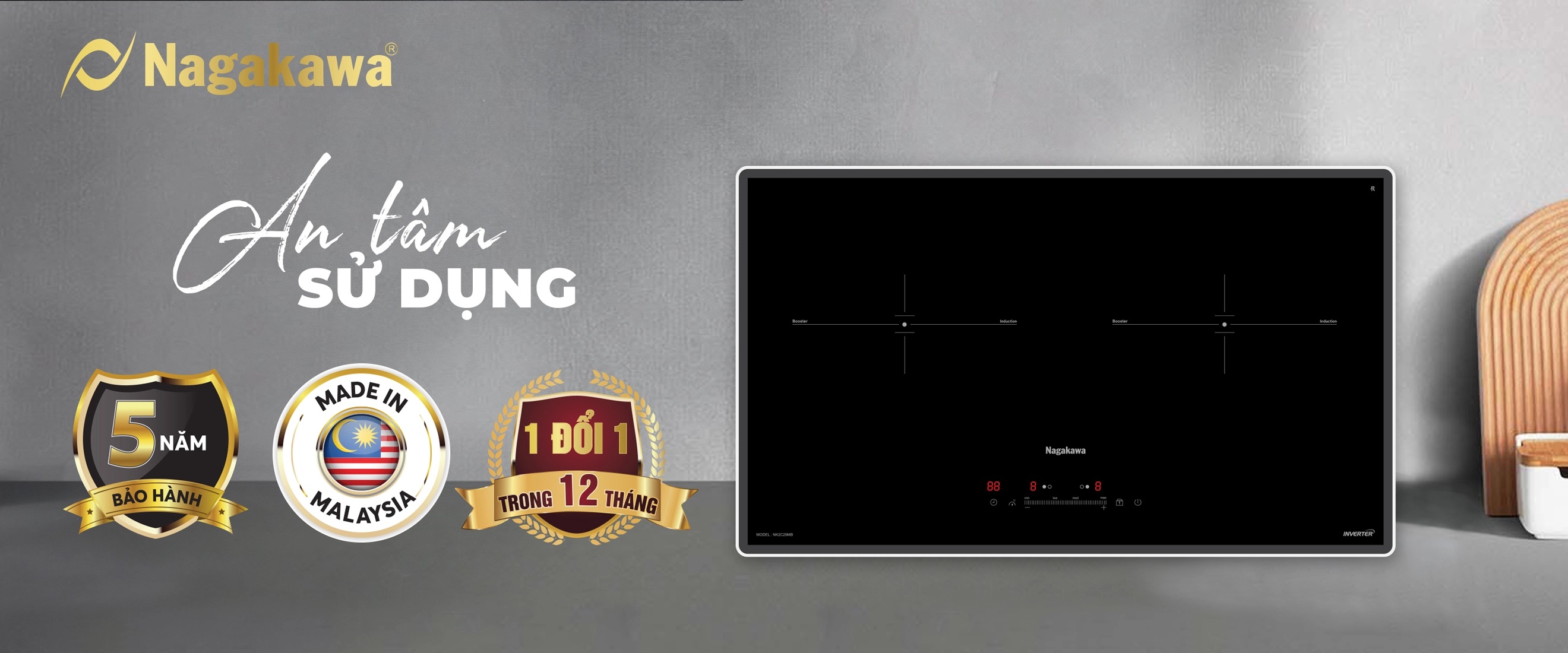 Bếp đôi điện từ Nagakawa UltraSlim NK2C29MB - Hàng Chính Hãng