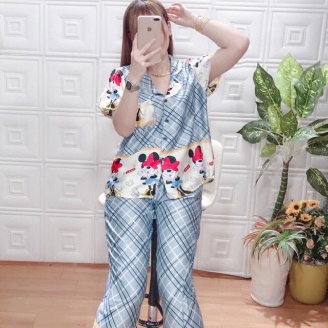 Đồ bộ nữ,  pijama vải satin quần dài tay cộc viền chân siêu xinh.