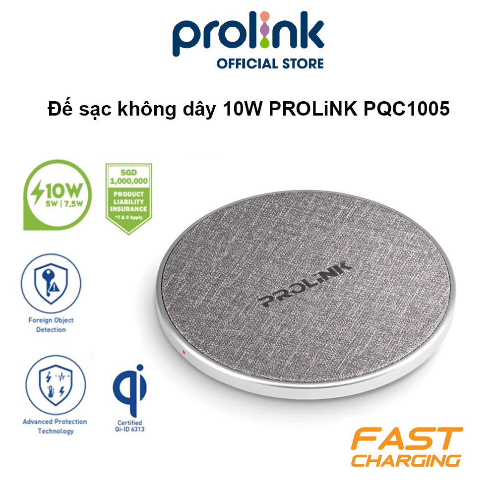 Đế sạc không dây 10W PROLiNK PQC1005, hỗ trợ sạc nhanh, tiêu chuẩn sạc Qi, thiết kế siêu mỏng, công nghệ sạc an toàn - Hàng chính hãng