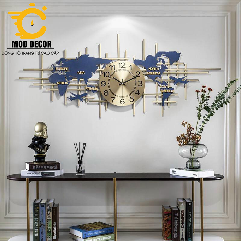 Đồng Hồ Treo Tường Hình Map màu xanh decor phòng khách sang trọng