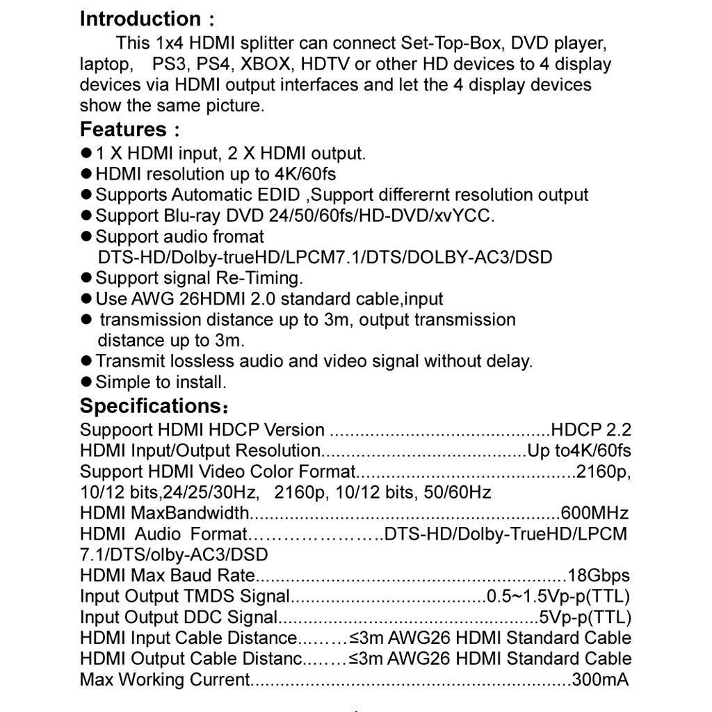 1 in 2 Out HDMI Splitter Support Full HD 4k for Xbox HDTV