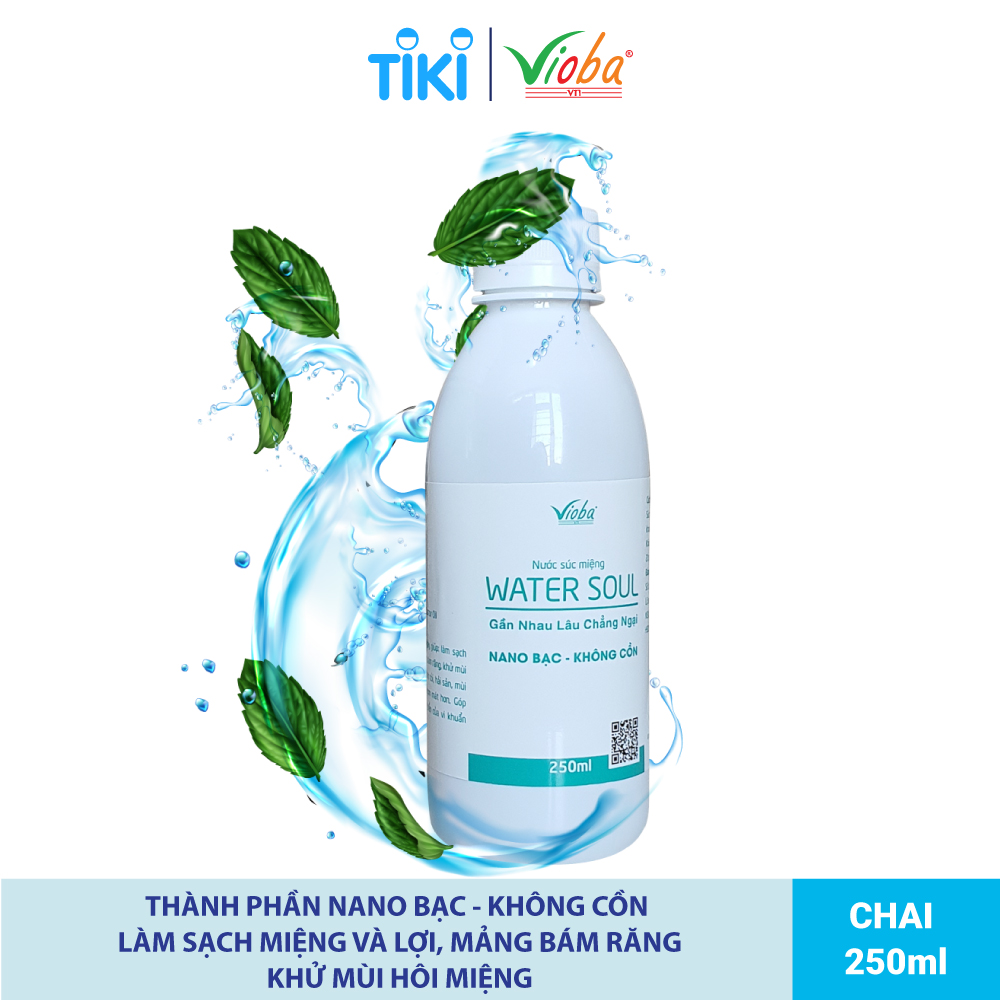 Nước súc miệng Water Soul  làm sạch răng, miệng và lợi mảng bám răng. Khử mùi hôi miệng do thức ăn... cho hơi thở thơm mát. Sản phẩm của Vioba, chai 250ml.