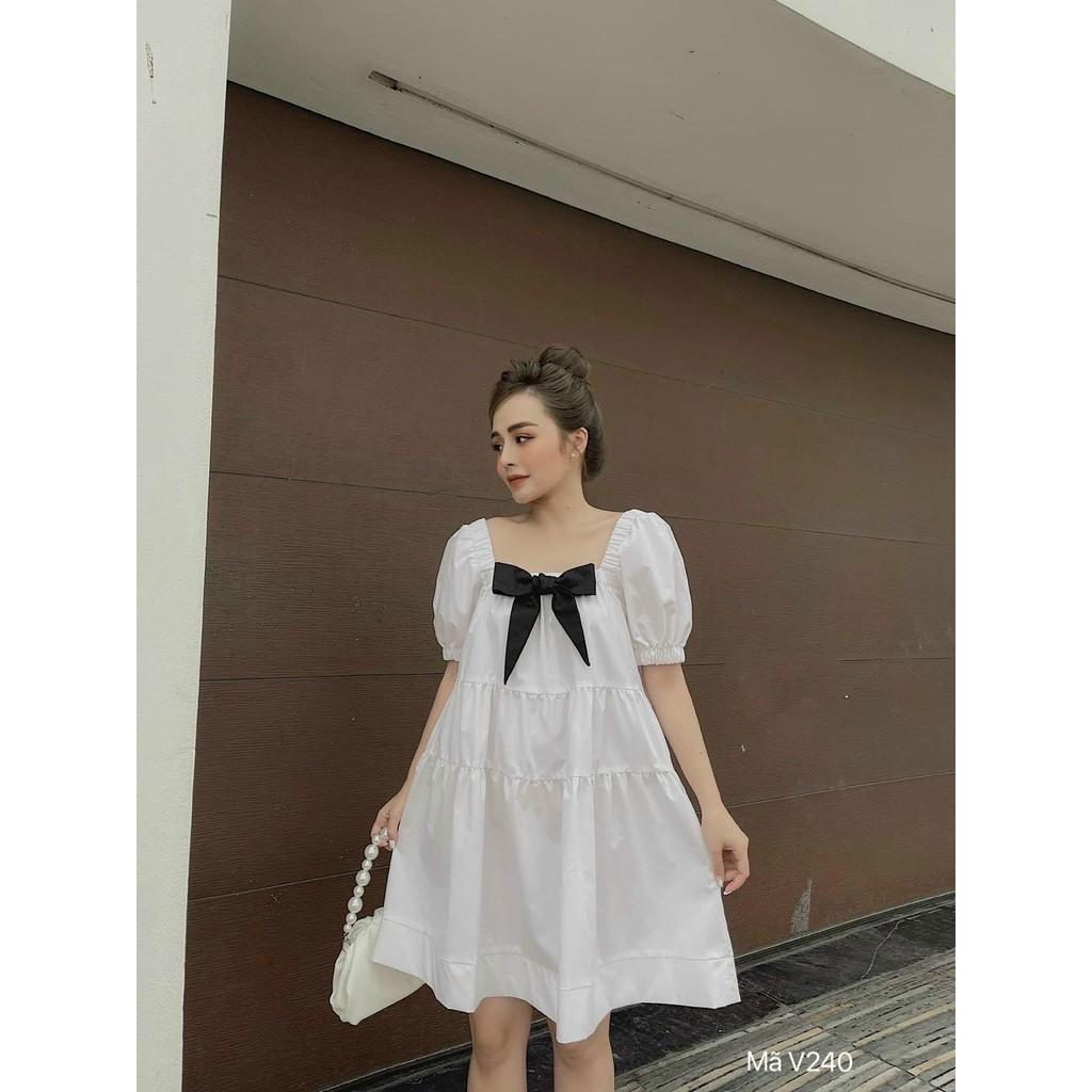 Váy thiết kế babydoll, đính nơ ngực, đầm xuông 3 tầng, dáng rộng freesize, màu Nâu - Trắng, mã V240 - Michi's House