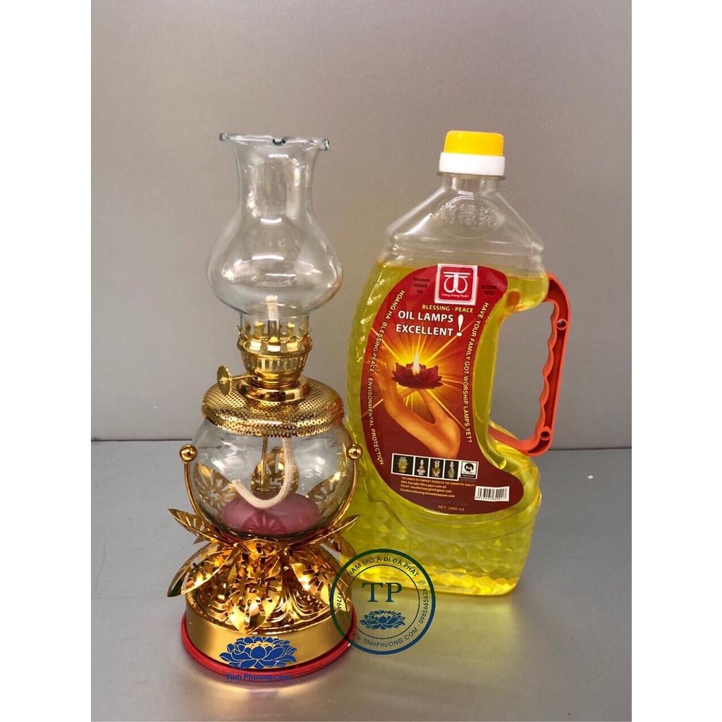 Đèn THờ Đốt Dầu THỦY TINH ĐẾ SEN HỢP KIM Tặng kèm 1 chai dầu 1 lít KH1766