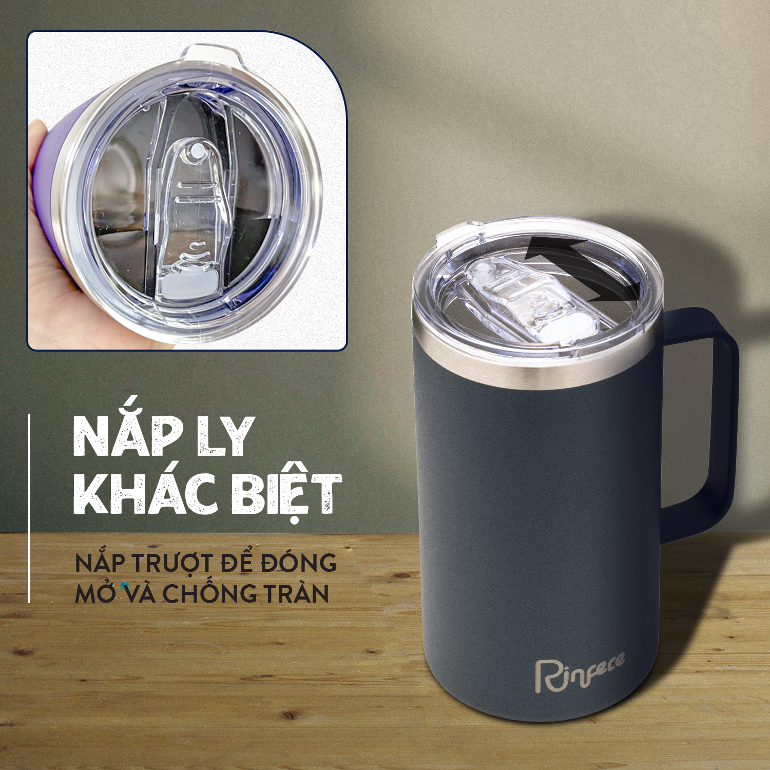 Ly Giữ Nhiệt Có Tay Cầm Nắp Trượt Chống Tràn Rinfere