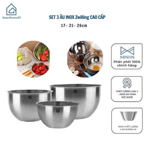 Set 3 Âu Inox Trộn Bột, Làm Bánh Tiện Ích Zwilling Hàng Đức 17- 21- 26cm- Bát Trộn Inox Cao Cấp- HÀNG CHÍNH HÃNG MINIIN