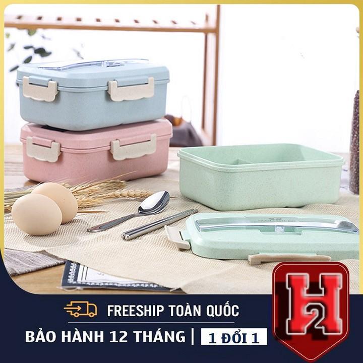 Combo 3 Món Đồ Đựng Cơm Văn Phòng Hộp Cơm Lúa Mạch 3 Ngăn + Đũa Thìa+Túi Giữ Nhiệt