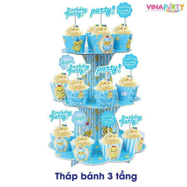 Kệ để bánh cupcake 3 tầng chủ đề gà xanh