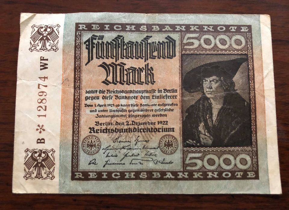 Tiền cổ Đức, 5000 Mark 1922, 100 năm tuổi sưu tầm
