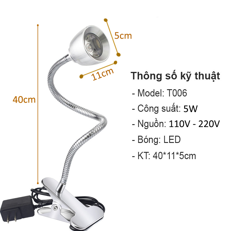 Đèn Rọi Led Kẹp bàn đầu giường đa năng BOFIT 3W - 220V, Thân đèn Kim loại