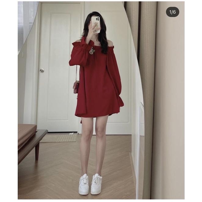 Đầm suông đỏ bẹt vai tay dài nơ lưng