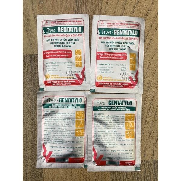 1 gói FIVE-GENTATYLO điều tri hen suyễn, viêm phổi, ho khó thở, ỉa chảy nặng cho trâu bò lợn gà chó mèo