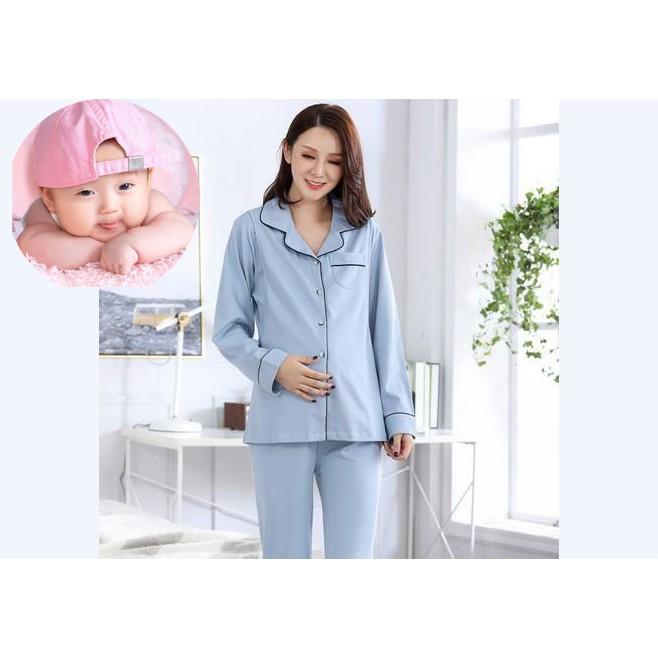 Bộ sau sinh cực tiện lợi, cotton 100% thoáng mát, có chỗ cho bé bú, quần có chun tăng chỉnh