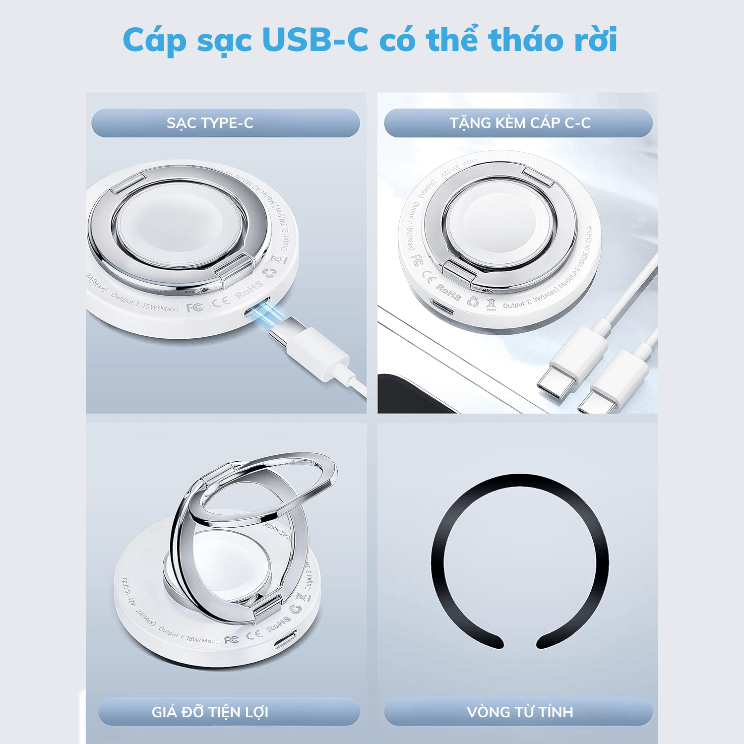 Dock Đế sạc nhanh không dây sạc pin đa năng 3in1 15W từ tính Ring giá đỡ móc tay cho iPhone / điện thoại / watch / cho tai nghe cho airpods hiệu WIWU Wi-W027 chuẩn Qi fast charging iP 16 15 14 13 12 Pro Max - hàng nhập khẩu