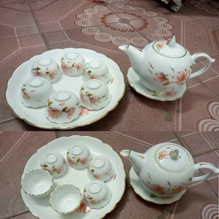 Bộ ấm chén hoa đào viền vàng vẽ tay cao cấp