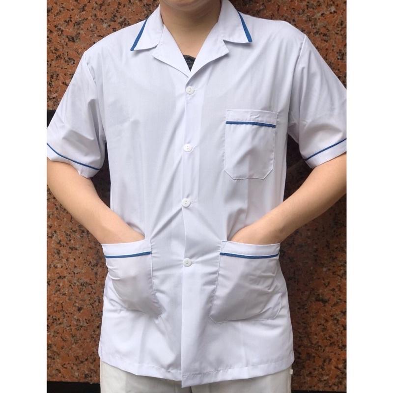 Bộ blouse trắng viền xanh điều dưỡng, dược sỹ, y tá nam nữ cộc tay hàng đẹp - có bán lẻ Áo, quần riêng