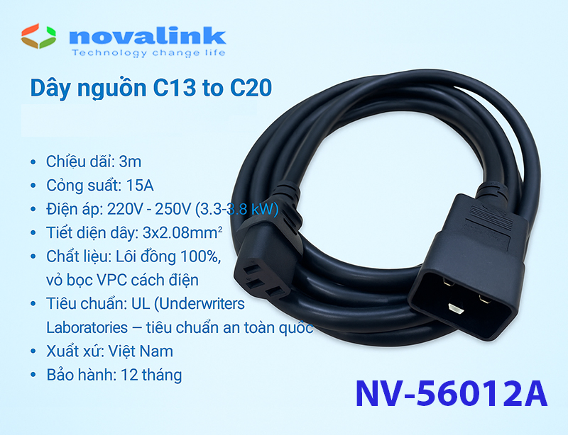Dây nguồn C13 C20 dài 2 mét Novalink - Dùng cho UPS, PDU, máy chủ (Server) - Tiết diện lõi 2.08mm², 15A/250V, chuẩn UL - Hàng chính hãng