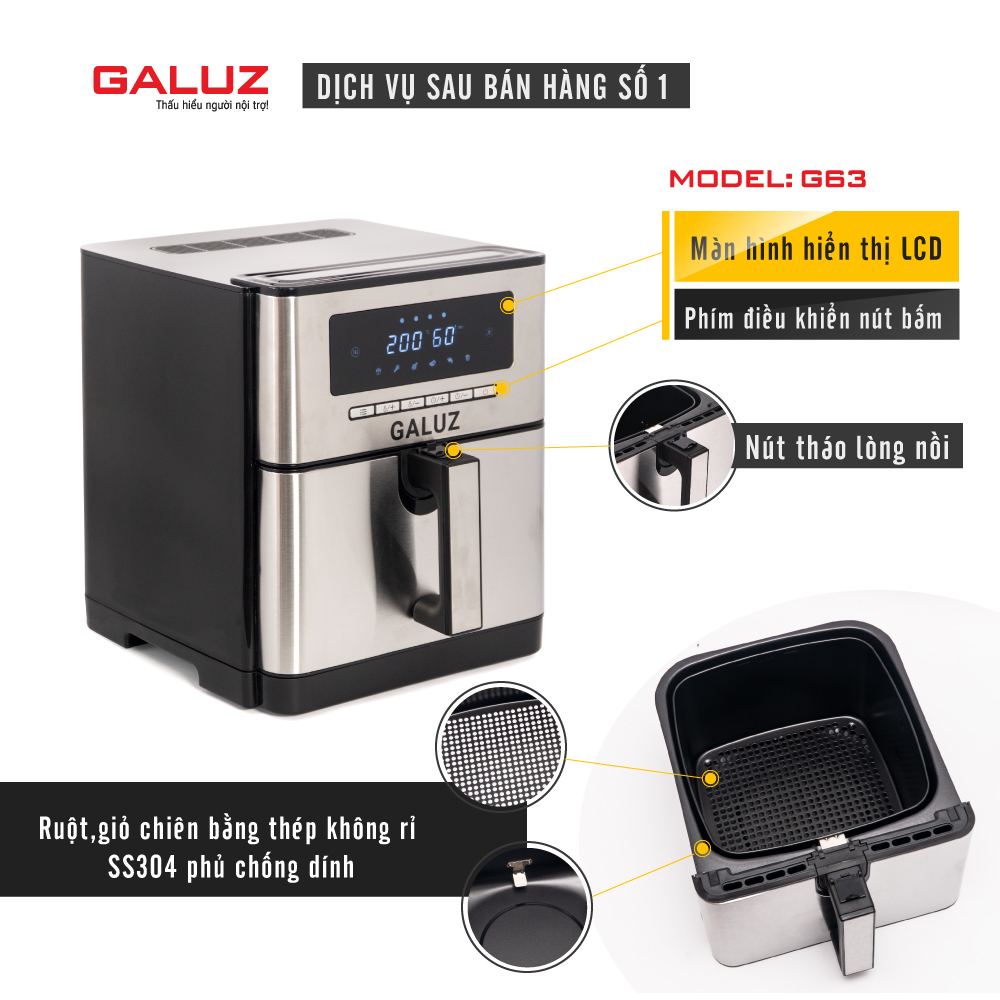 Nồi chiên không dầu Galuz G63, công suất 1700W, dung tích 7L, bảng điều khiển điện tử kết hợp nút điều chỉnh tăng giảm, giỏ chiên phủ chống dính tháo rời linh hoạt, hàng chính hãng