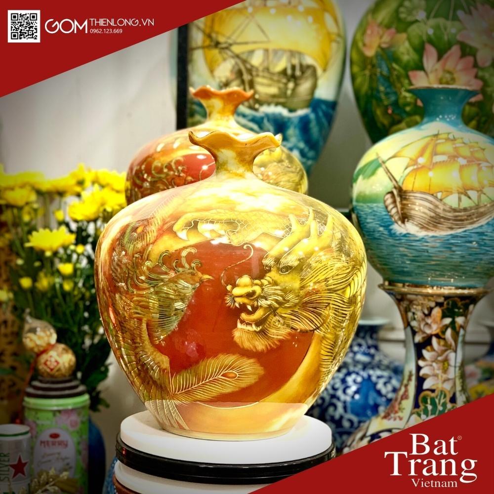 Bình Hút Tài Lộc Miệng Lượn Vẽ Vàng 3D Long Phụng Vờn Mây - Bình Hút Lộc Bát Tràng - Gốm Thiên Long