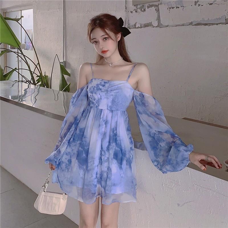 Đầm trễ vai hai dây tie dye mẫu summer 2021
