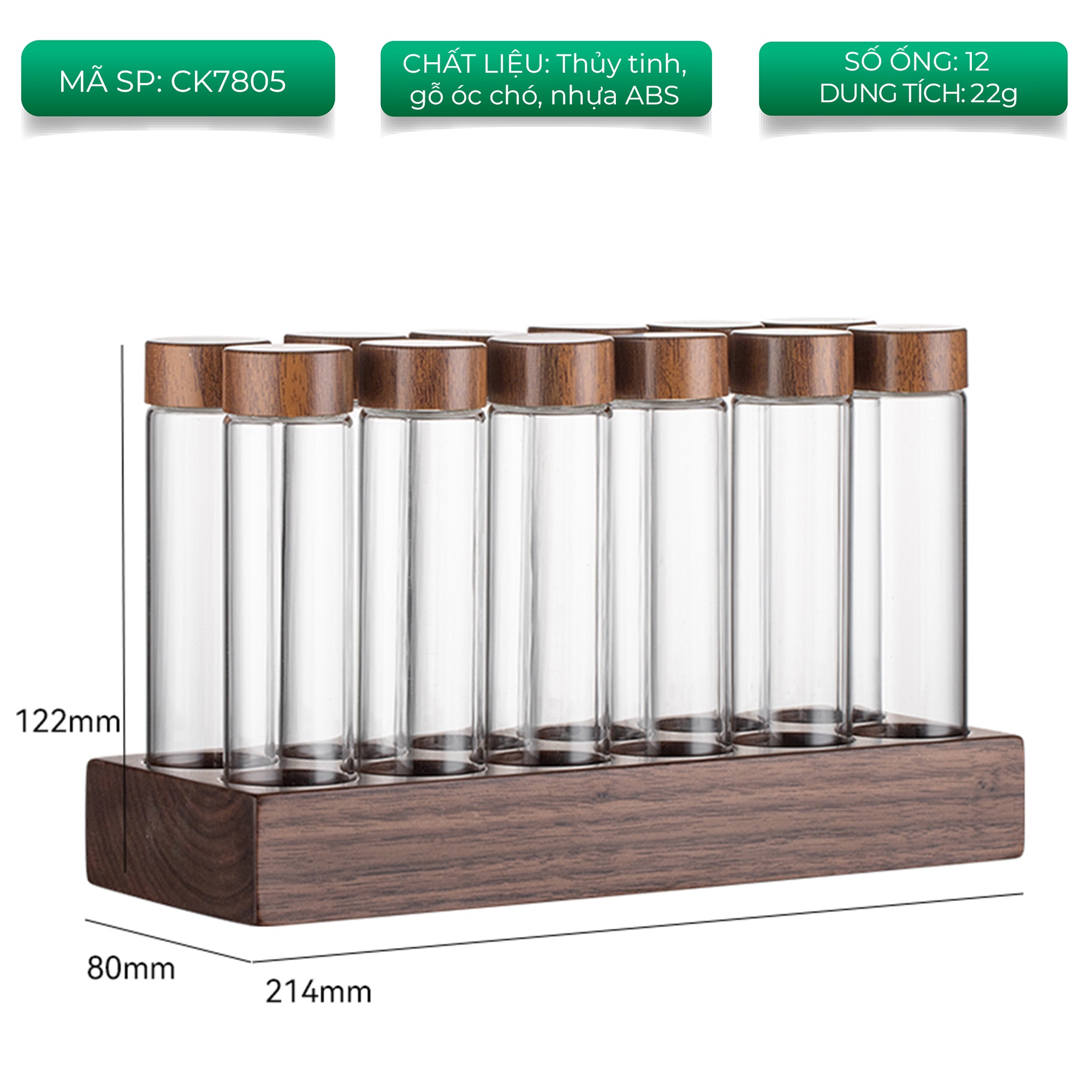Bộ ống thủy tinh khung gỗ óc chó đựng cà phê CAFEDE KONA