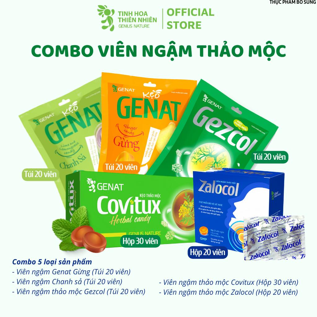 Combo 5 sản phẩm kẹo Genat - Kẹo thảo mộc Covitux, Gezcol , Genat Gừng, Genat chanh sả, viên ngậm Zalocol hỗ trợ giảm ho, giảm đờm, đau rát họng