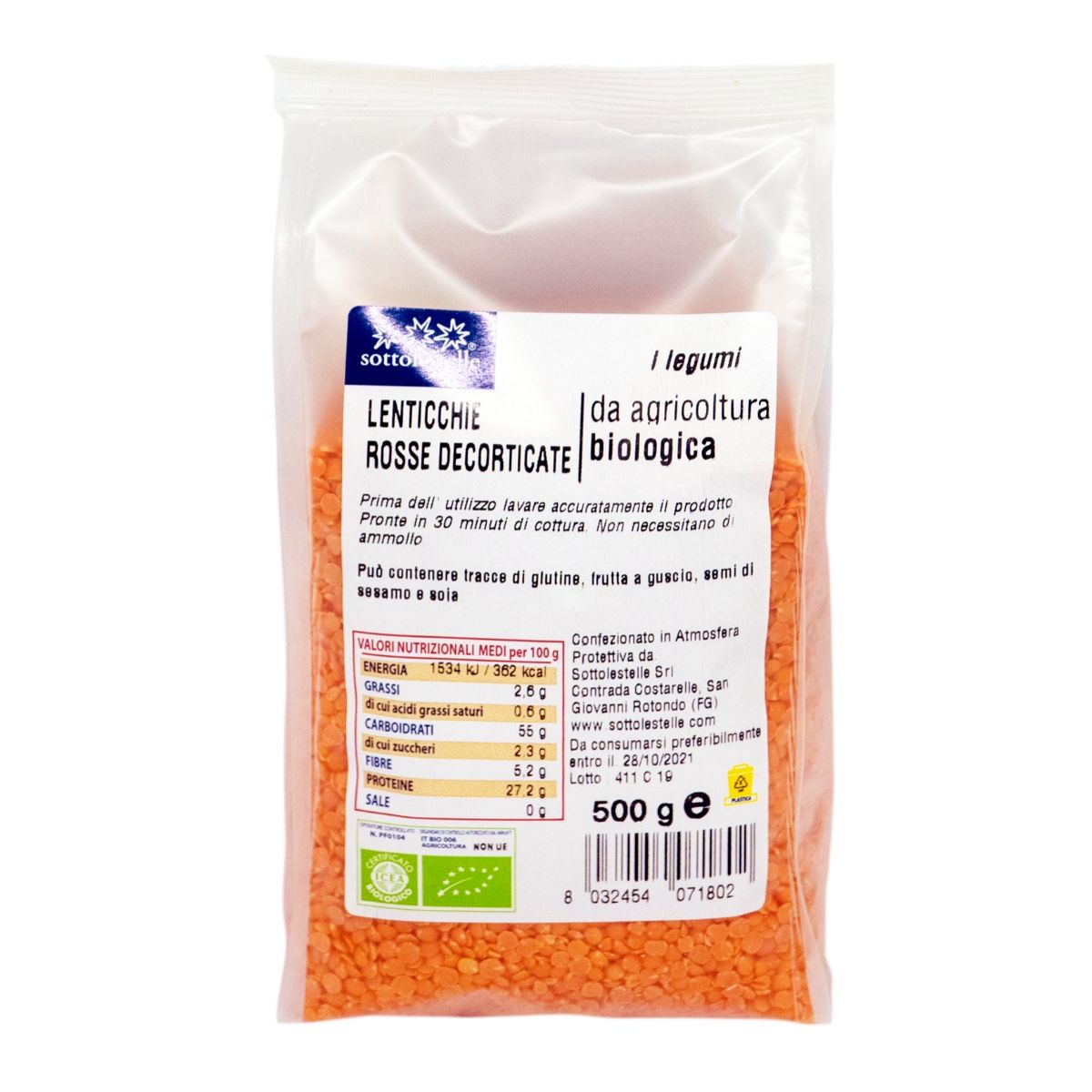 Đậu lăng đỏ hữu cơ Sottolestelle 500g Organic Red Lentils