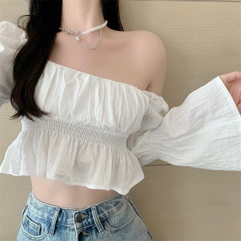  Áo croptop đũi nhăn dáng cổ vuông tay loe 2021