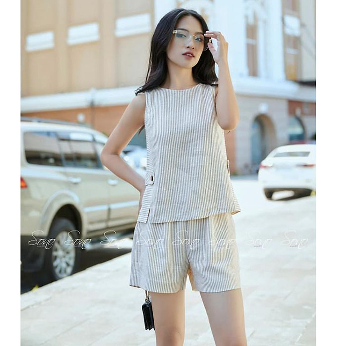 Set bộ đi chơi linen kẻ sọc sát nách kèm quần short trẻ trung - Be