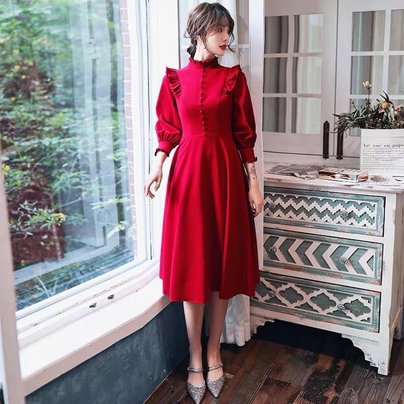 Set áo đầm đôi tình nhân màu đỏ áo sơ mi đầm tiểu thư dài tay đồ cặp Hàn Quốc- đi biển, đi chơi, chụp hình cưới - Smice House